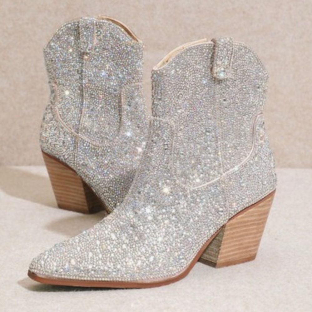 MIIM ANGEL Silver Rhinestone Gem Embellished Ankle Western Heeled Cowboy Boot - Picture 2 of 12